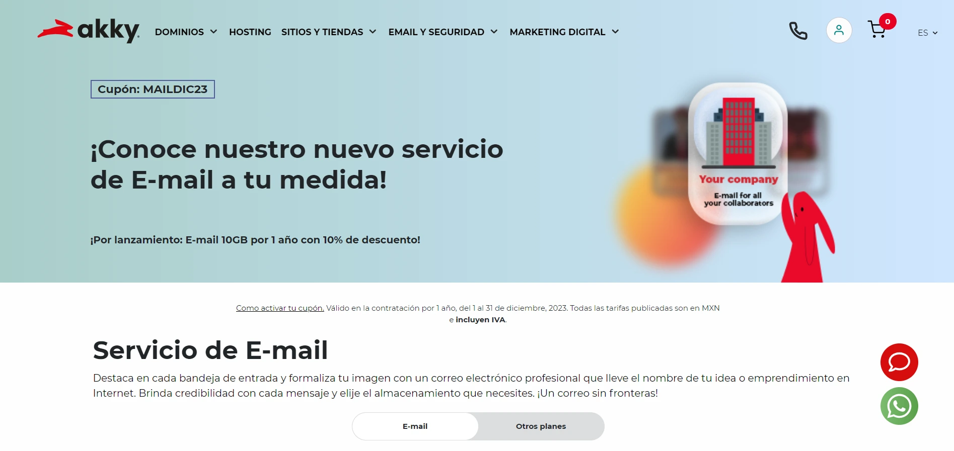Sitio web de Akky, servicio de Email Profesional